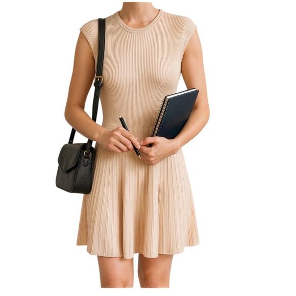 BOSS Hugo Boss Ribbed Knit Fit Flare Dress Sleeveless Beige Made in Italy Women - Picture 1 of 9